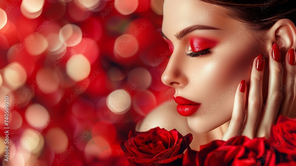 Wall mural Beauty romantic woman with Red Rose flowers Valentine Red Lips and Nails Beautiful Luxury Makeup and Manicure Valentines Day border design Portrait of fashion model girl on blurred red : Generative AI