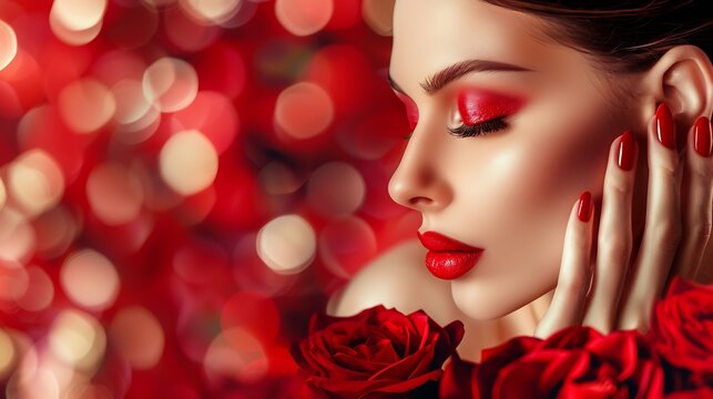 Beauty romantic woman with Red Rose flowers Valentine Red Lips and Nails Beautiful Luxury Makeup and Manicure Valentines Day border design Portrait of fashion model girl on blurred red : Generative AI