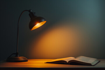 Glowing lamp and book on table in dark bedroom