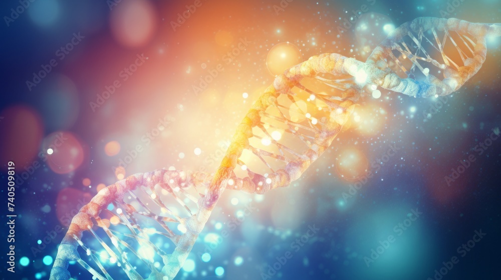 Poster abstract close-up photo of a dna spiral with molecules and atoms, neurons under a microscope. geneti