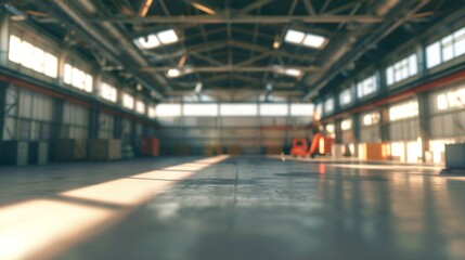 Warehouse interior blurred. Empty warehouse without anyone. Old warehouse interior without shelving. Spacious hangar with metal roof. Storage room with forklift. Rental industrial prem : Generative AI - obrazy, fototapety, plakaty