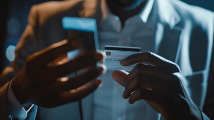 Cropped shot of AfricanAmerican businessman paying with credit card online making orders via Internet Successful black male holding plastic card making transaction using mobile banking : Generative AI