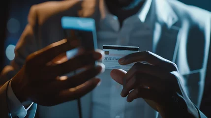 Fotobehang Cropped shot of AfricanAmerican businessman paying with credit card online making orders via Internet Successful black male holding plastic card making transaction using mobile banking : Generative AI © Generative AI