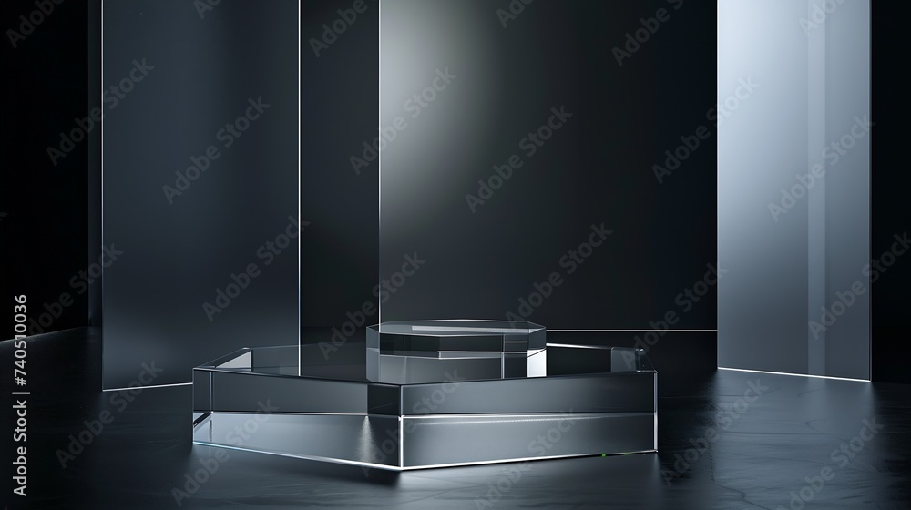 Poster stylish glass pedestal stage or platform on a black background mockup scene made with acrylic blocks