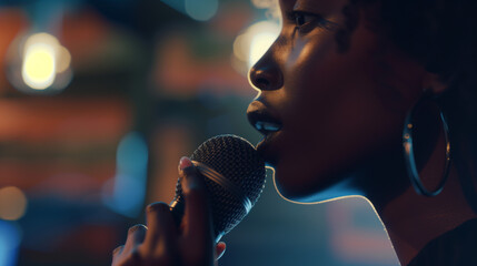 African American Woman Singing Passionately into Microphone