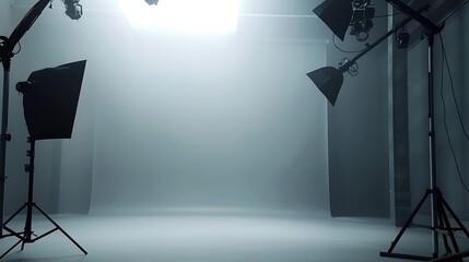Empty room interior grey background. Studio with stage to display your product. : Generative AI