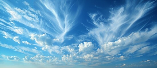 A peaceful natural landscape with a blue sky filled with fluffy white cumulus clouds, creating a serene atmosphere. The electric blue horizon blends with the grassland below