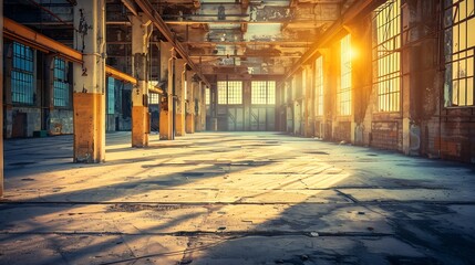 Interior view inside an abandoned factory building : Generative AI