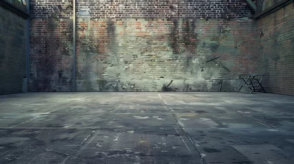 Zelfklevend Fotobehang Industrial background, empty grunge urban street with warehouse brick wall : Generative AI © Generative AI