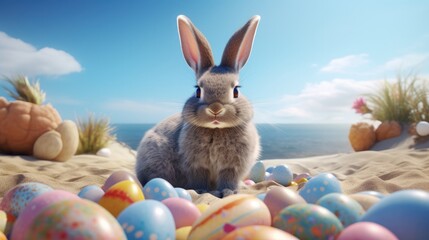 Fototapeta na wymiar cute easter bunny on a sand beach, surrounded by easter eggs. ai generative