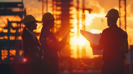 Silhouette of engineers in construction site, sunset in background