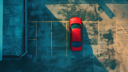 Top view concrete car parking lot. Aerial view of car parked at car parking area of apartment. Outdoor parking space with empty slot. One way traffic sign on road. Above view outside c : Generative AI - obrazy, fototapety, plakaty
