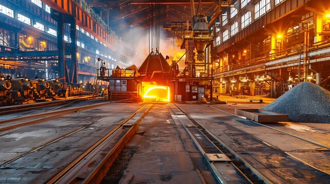 Steel production at metallurgical plant, large workshop with beam cranes and underground blast furnace : Generative AI