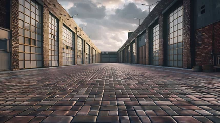 Foto op Canvas Ground level view from brick paving stones of old warehouse exterior with large windows and dock doors under gray cloudy sky : Generative AI © Generative AI