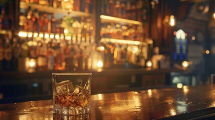 A glass of whiskey on the background of a bar. Yellow liquid in a glass glass.