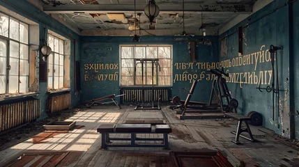 Foto op Plexiglas abandoned gym with cyrillic letters on the walls, hdr processing : Generative AI © Generative AI