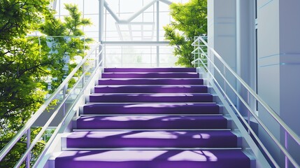 Interior spirat staircase indoors with purple carpet and white painted handrails inside building in...
