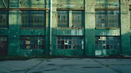 Foto op Canvas Facade of an old abandoned factory. Empty industrial area. A green brick building with large broken windows. Asphalt road and parking for cars. : Generative AI © Generative AI