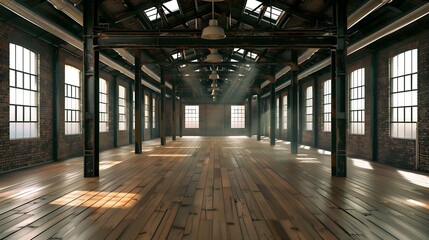 An interior shot of an old, historic empty warehouse/factory, with exposed ducts and hardwood floors. : Generative AI