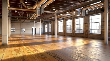 An interior shot of an old, historic empty warehouse/factory, with exposed ducts and hardwood floors. : Generative AI