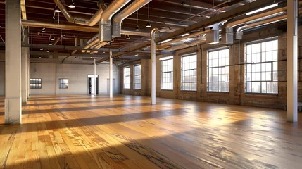 Foto op Canvas An interior shot of an old, historic empty warehouse/factory, with exposed ducts and hardwood floors. : Generative AI © Generative AI