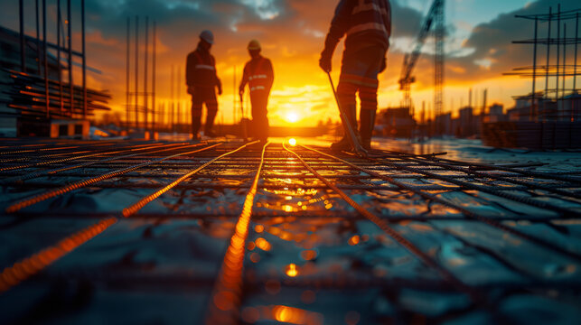 Construction workers fabricating steel reinforcement bar at the new modern construction site,generative ai