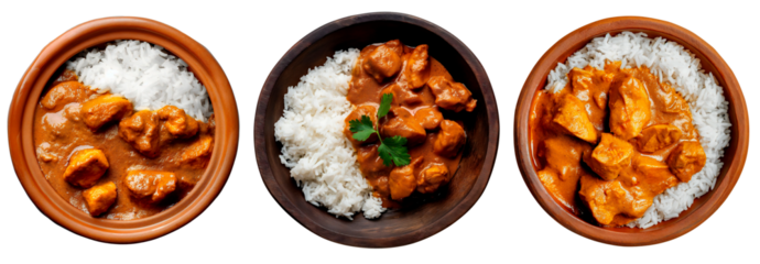 Rice with meat. Chicken tikka masala spicy curry. Top down view, view from above, traditional food. Isolated on transparent background.