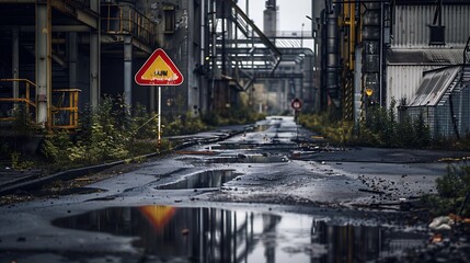 An old abandoned industrial area. Factory buildings or factories. Puddles and road signs. : Generative AI