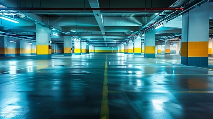 Empty underground parking lot in modern building. : Generative AI