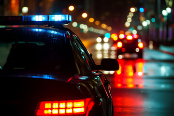 police car lights at night in city street with selective focus and bokeh