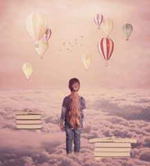 Knowledge concept. Fantasy world imaginary view. Little girl walking down the book pass above clouds. Life success of an educated person, human