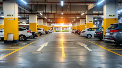 Car Parking Lot Floor Area of Shopping Mall, Perspective View Empty of Car Park Structure Building at Department Store. Auto Service Parking Lots Flooring : Generative AI - obrazy, fototapety, plakaty
