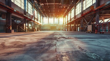 Empty Industrial Shed or Parking Lot. Urban, Rough Under-construction Background. Empty Warehouse Interior. Vintage Style : Generative AI