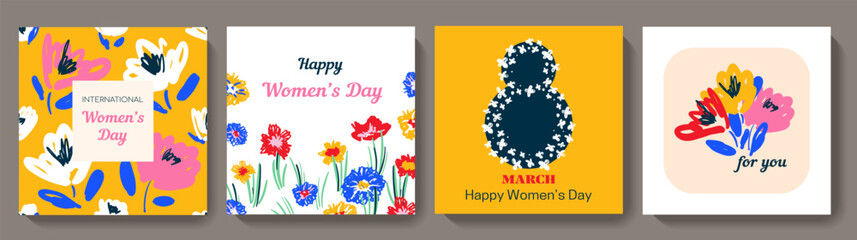 Happy Women's Day greeting square card set. Cute spring backgrounds with flowers, leaves, plants. Colorful vector templates for social media post, banner design, web internet ads.