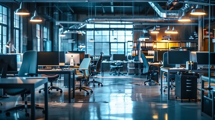 Naklejka premium Interior of modern industrial office with desks and computers. Empty open space office with essential amenities. Stylish coworking area with furniture. : Generative AI