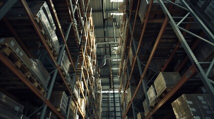 Fototapeta premium Huge distribution warehouse with high shelves and loaders. Bottom view. : Generative AI