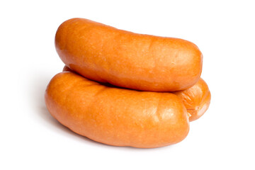 Thick sausages on white background. Three sausages close-up.