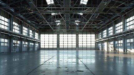 Empty industrial building. Hangar with high ceiling. Business premises. Factory building view from inside. Industrial building with metal walls. Factory hangar. Empty warehouse. 3d ima : Generative AI