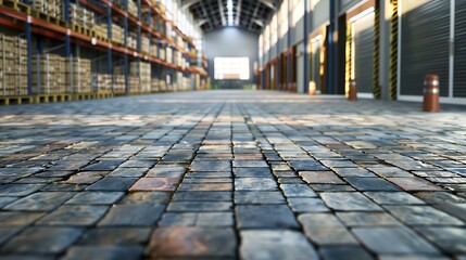 Warehouse or industry building exterior. known as distribution center and retail warehouse. Part of storage and shipping system. Included goods on shelf and brick paving or paving ston : Generative AI - obrazy, fototapety, plakaty