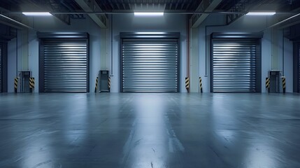 Roller door or roller shutter using for factory, warehouse or hangar. Industrial building interior consist of polished concrete floor and closed door for product display or industry ba : Generative AI