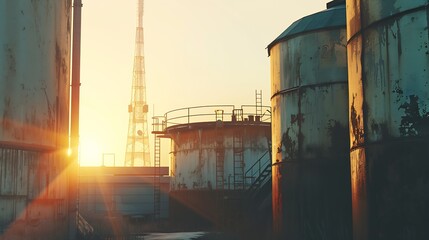 View of storage aged containers with gas located on territory of industrial area in front of water towers and abandoned construction : Generative AI