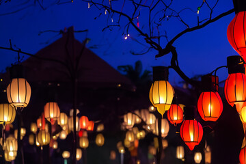 Chinese lanterns at night at a festival - obrazy, fototapety, plakaty