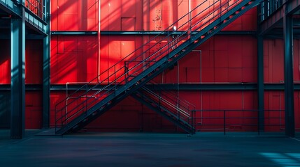Industrial building interior with red wall and black, metal staircase : Generative AI