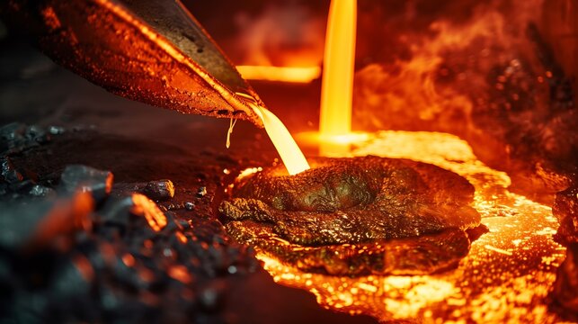 Foundry - molten metal poured from ladle into mold - emptying leftover : Generative AI
