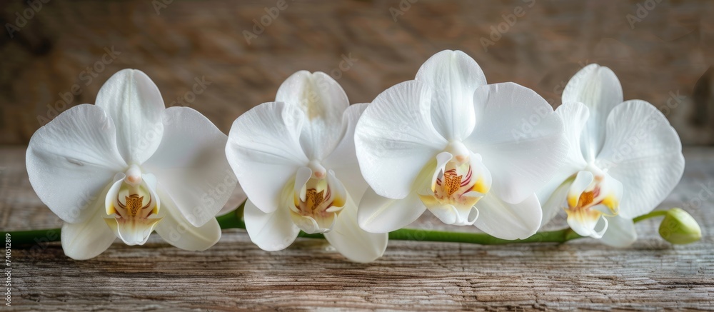 Poster an arrangement of white orchids displayed beautifully on a rectangular wooden table, creating a sere