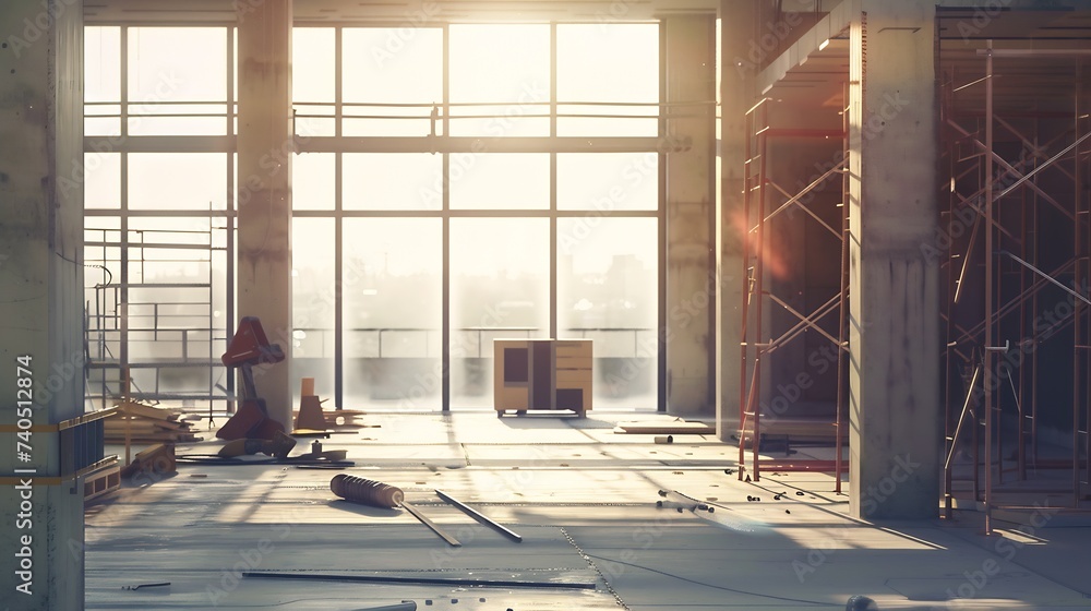 Poster an under construction office building interior. a huge hall with panoramic windows being constructed