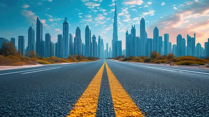 Foto op Plexiglas Smooth highway leads the eye towards a distant city skyline © fajar