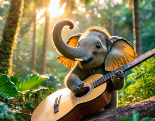 Funny baby elephant singing and playing guitar in a sunshine forest