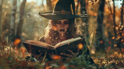 Halloween Witch girl with magic Book of spells portrait Beautiful young woman in witches hat conjuring making witchcraft Over spooky dark magic forest background Wide Halloween party a : Generative AI