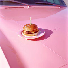 A hamburger on plate, on the hood of a pastel pink car. Retro 70s vibe.  Pink girl aesthetic. Fast...